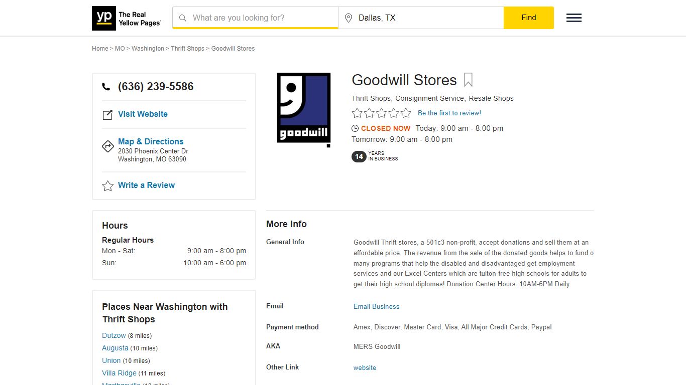 Goodwill Stores 2030 Phoenix Center Dr, Washington, MO 63090 - YP.com